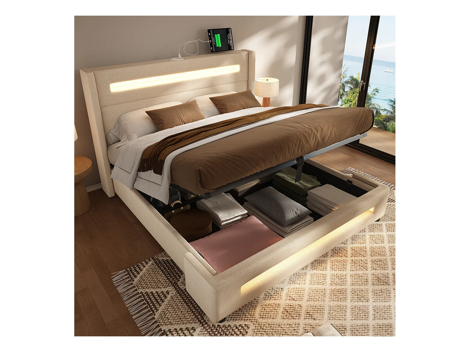Lit 140x200 cm avec LED, espace de rangement hydraulique, chargement USB Type-C, cadre métallique avec lattes en bois, lin beige (219x175x121 cm)