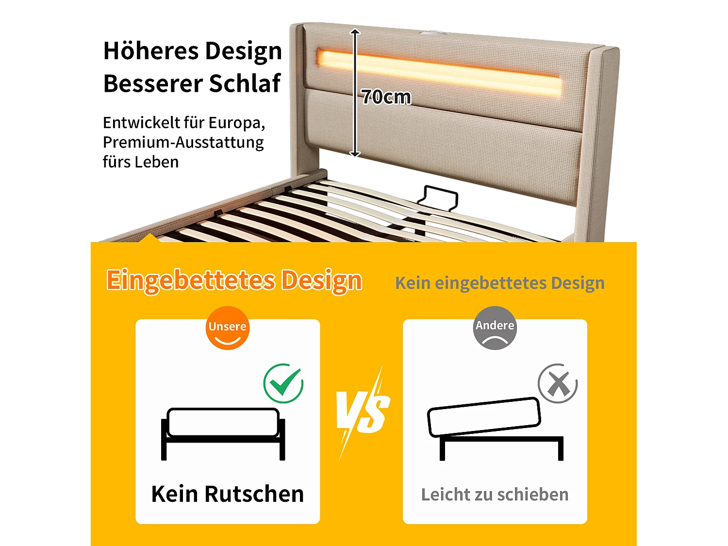 Lit 140x200 cm avec LED, espace de rangement hydraulique, chargement USB Type-C, cadre métallique avec lattes en bois, lin beige (219x175x121 cm)