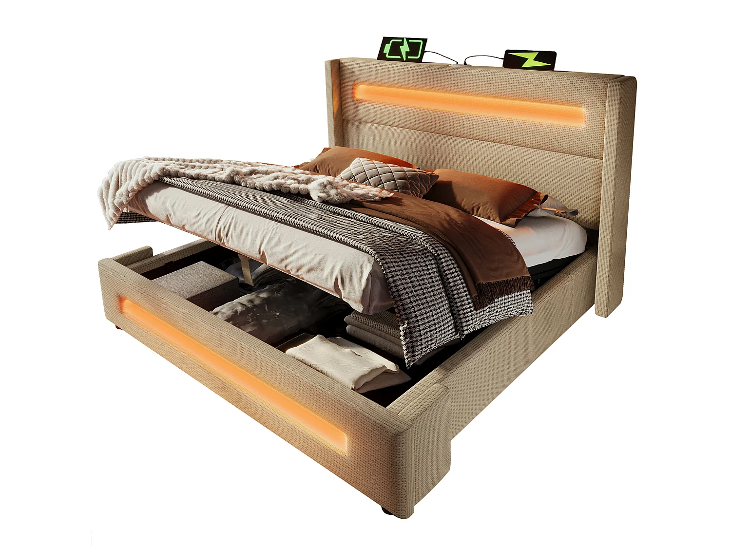 Lit 140x200 cm avec LED, espace de rangement hydraulique, chargement USB Type-C, cadre métallique avec lattes en bois, lin beige (219x175x121 cm)