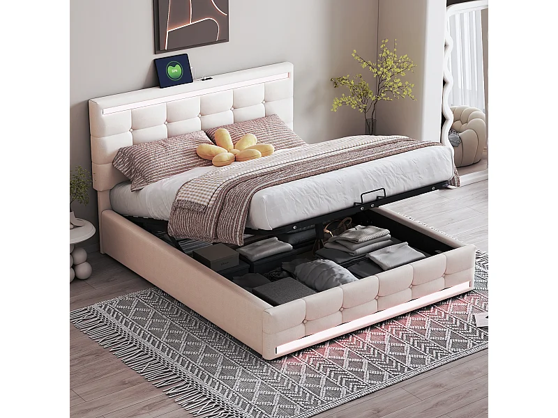 Bed met verstelbaar hoofdeinde, opbergruimte, 2 USB-poorten, gestoffeerd stoffen frame met LED, beige (208x145x111 cm)