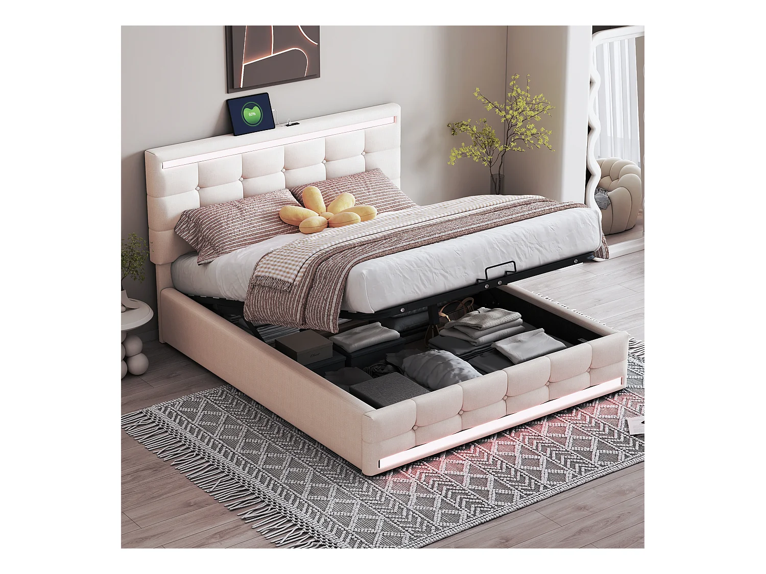 Lit avec tête de lit réglable, rangement, 2 ports USB, cadre en tissu rembourré avec LED, beige (208x145x111 cm)