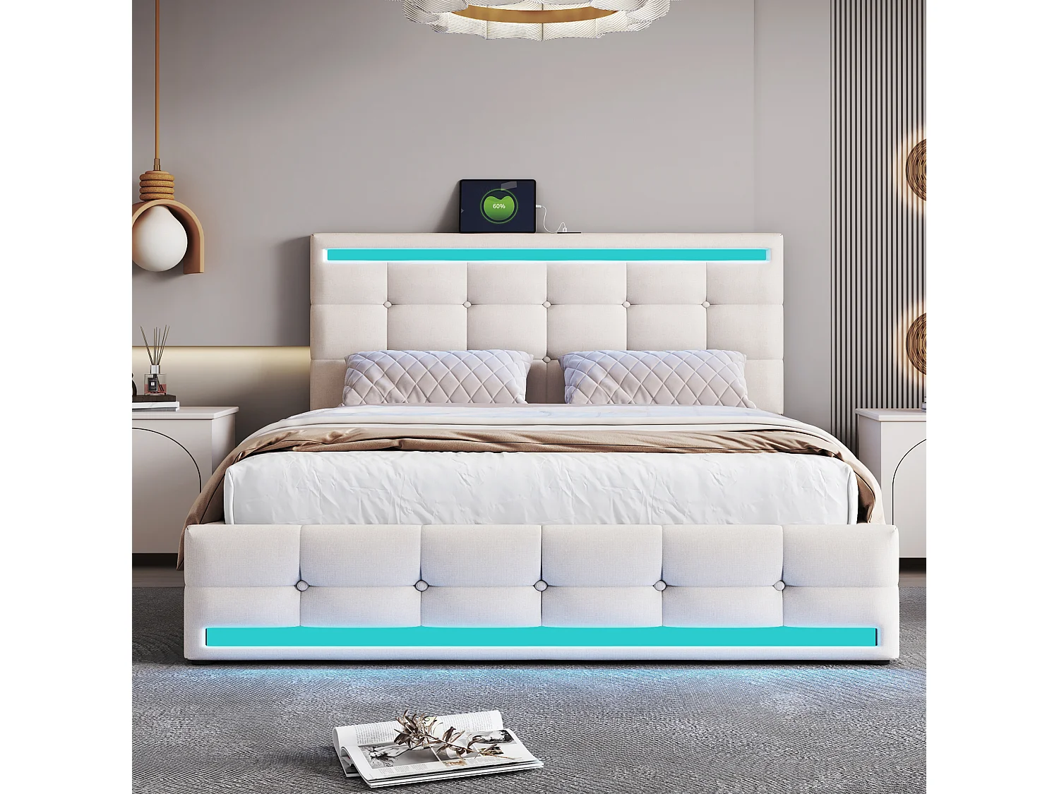Lit avec tête de lit réglable, rangement, 2 ports USB, cadre en tissu rembourré avec LED, beige (208x145x111 cm)