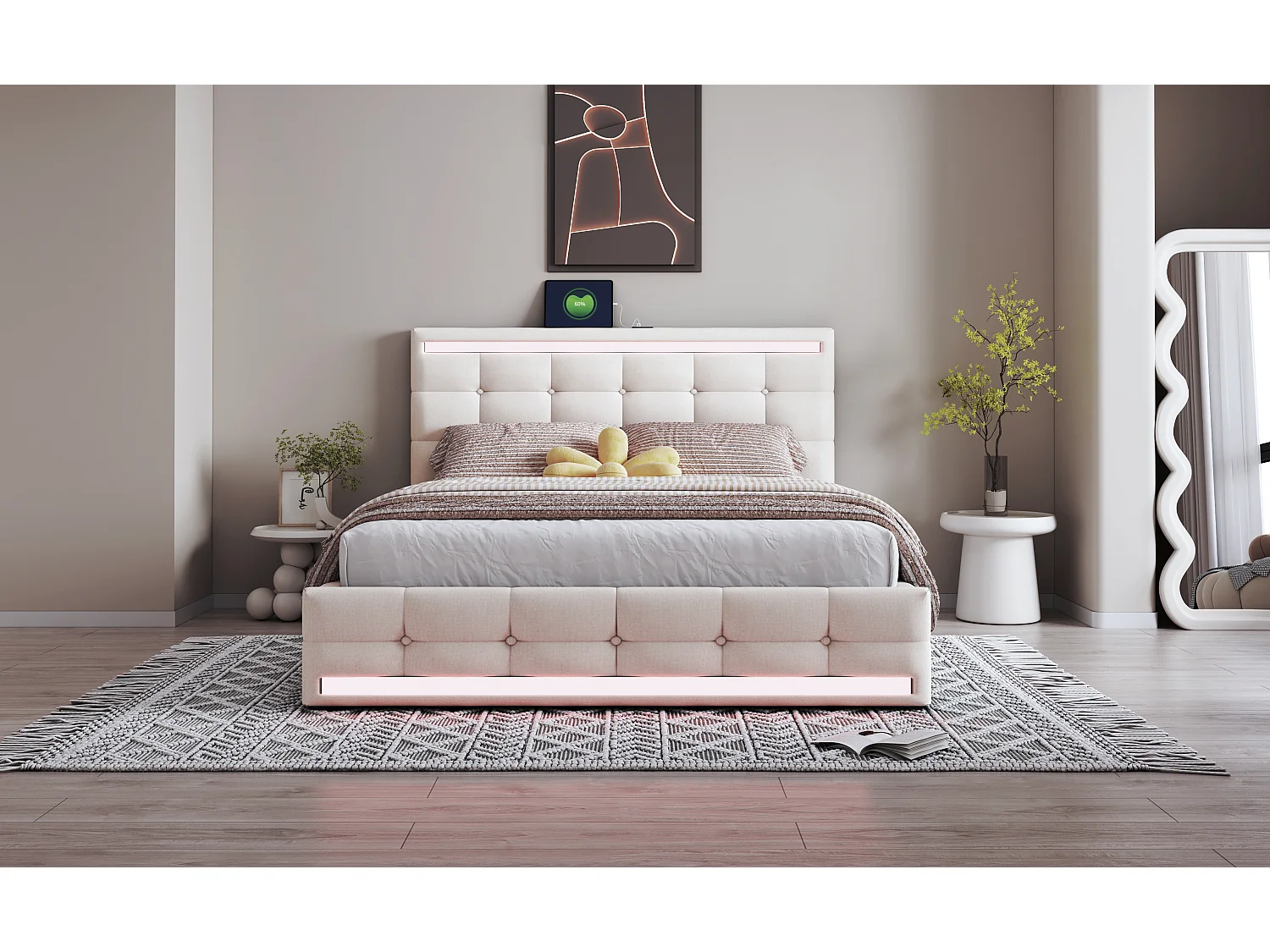 Lit avec tête de lit réglable, rangement, 2 ports USB, cadre en tissu rembourré avec LED, beige (208x145x111 cm)
