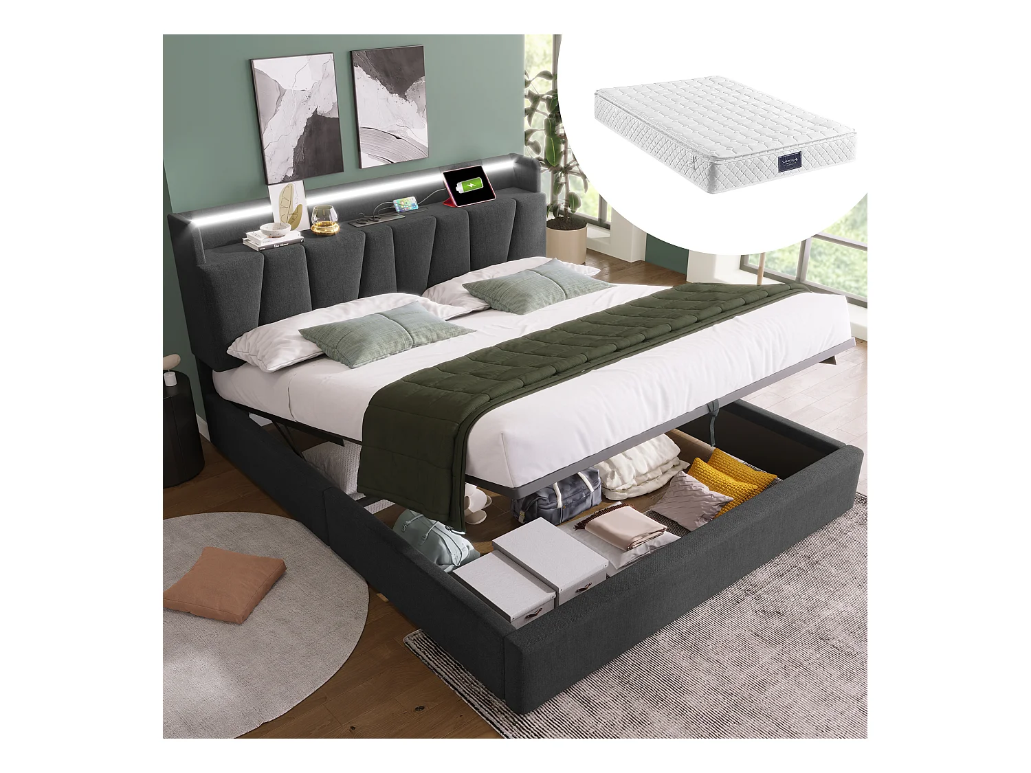 Lit double avec tête de rangement et éclairage LED, prise USB intégrée, lin gris (177.5x215x100 cm)