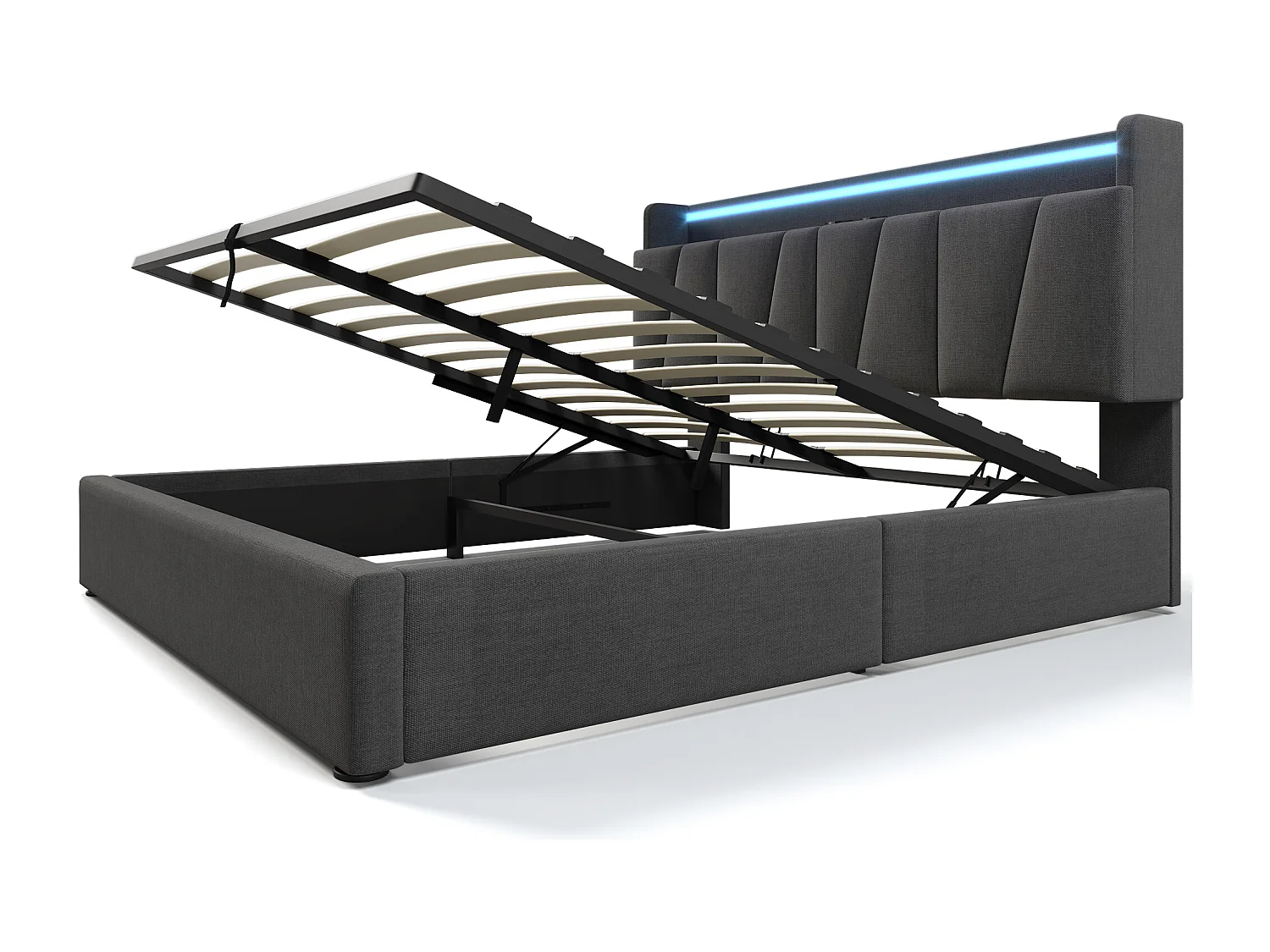 Lit double avec tête de rangement et éclairage LED, prise USB intégrée, lin gris (177.5x215x100 cm)