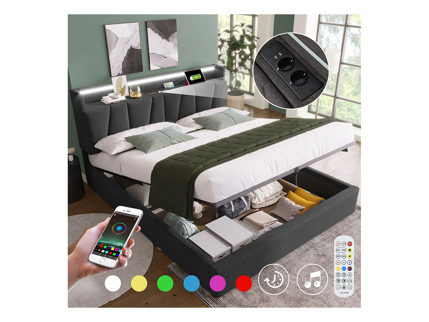Lit double avec tête de rangement et éclairage LED, prise USB intégrée, lin gris (177.5x215x100 cm)