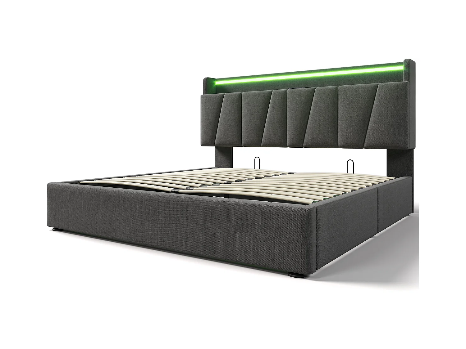 Lit double avec tête de rangement et éclairage LED, prise USB intégrée, lin gris (177.5x215x100 cm)