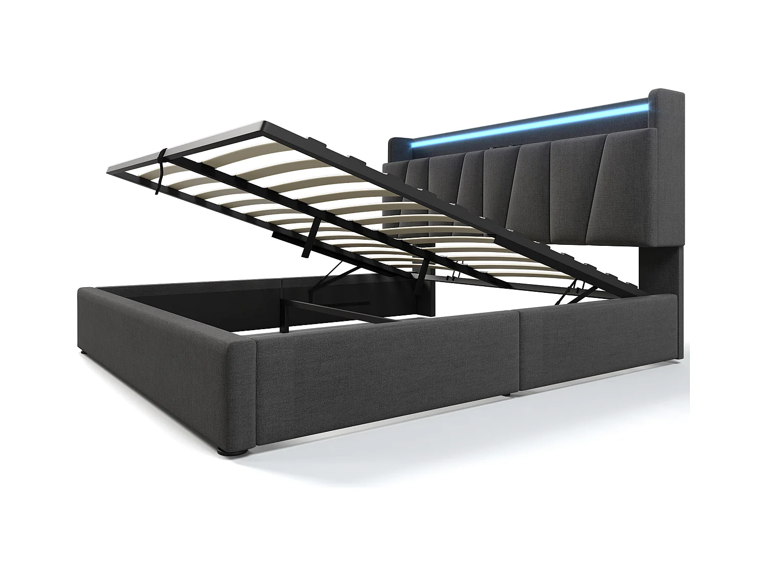 Lit double avec tête de rangement et éclairage LED, prise USB intégrée, lin gris (177.5x215x100 cm)