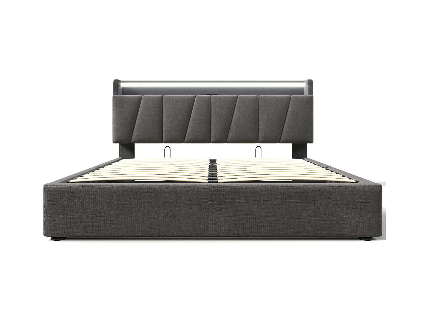 Lit double avec tête de rangement et éclairage LED, prise USB intégrée, lin gris (177.5x215x100 cm)