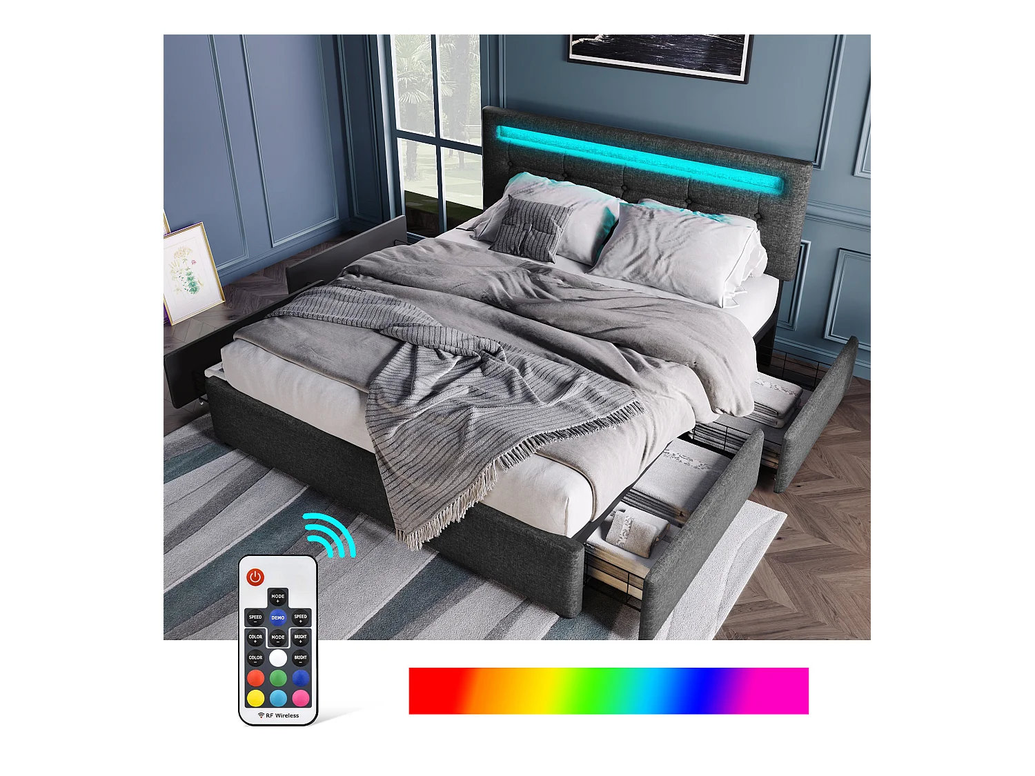 Lit coffre avec LED, 4 tiroirs, sommier bois, tête de lit réglable, revêtement lin gris (150x208x93.5-103 cm)