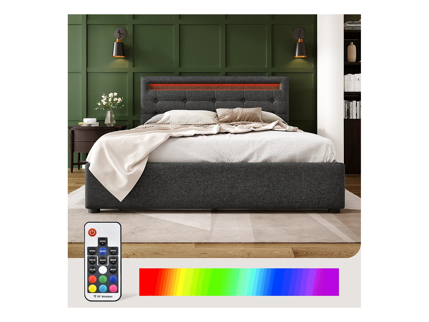 Lit coffre avec LED, 4 tiroirs, sommier bois, tête de lit réglable, revêtement lin gris (150x208x93.5-103 cm)