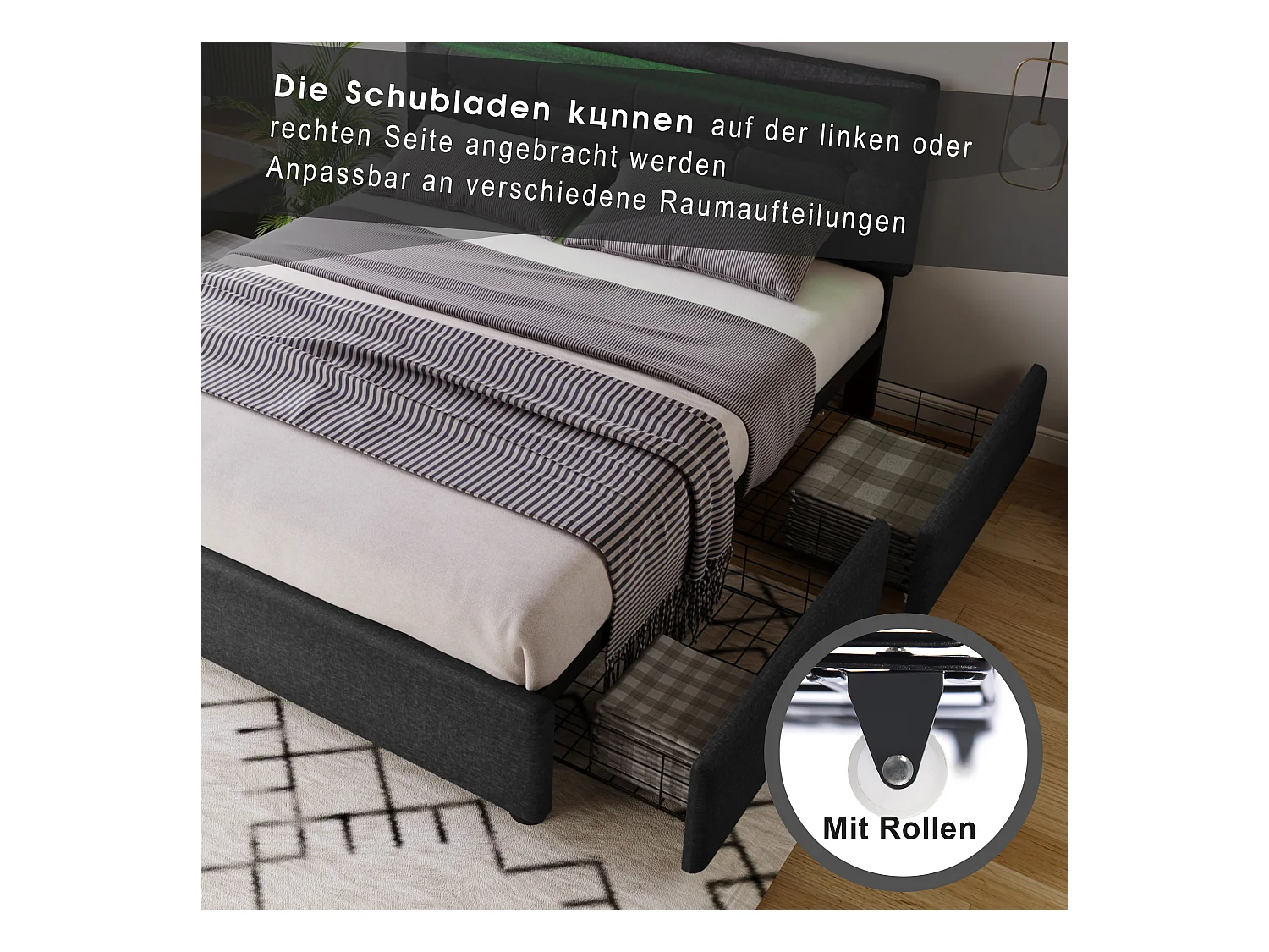 Lit coffre avec LED, 4 tiroirs, sommier bois, tête de lit réglable, revêtement lin gris (150x208x93.5-103 cm)