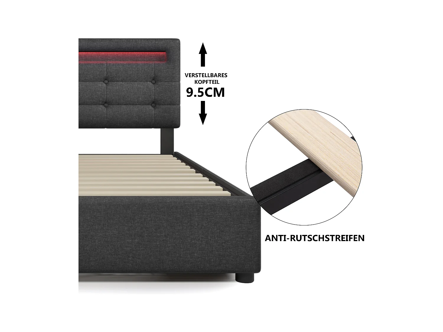 Lit coffre avec LED, 4 tiroirs, sommier bois, tête de lit réglable, revêtement lin gris (150x208x93.5-103 cm)