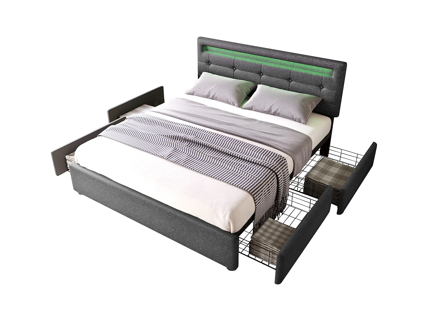 Lit coffre avec LED, 4 tiroirs, sommier bois, tête de lit réglable, revêtement lin gris (150x208x93.5-103 cm)