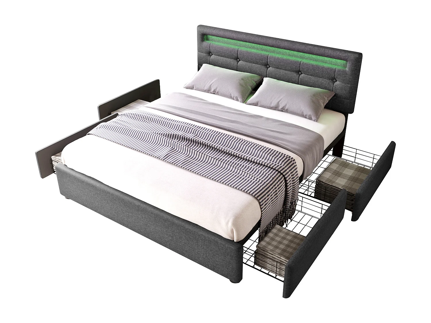 Letto contenitore con LED, 4 cassetti, base in legno, testiera regolabile, rivestimento in lino grigio (150x208x93,5-103 cm)