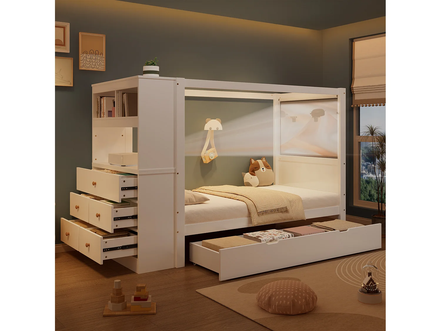 Cama infantil con protección lateral, con almacenaje y 5 cajones, en madera, blanco + natural, 90x200cm (240x94x155,5 cm)
