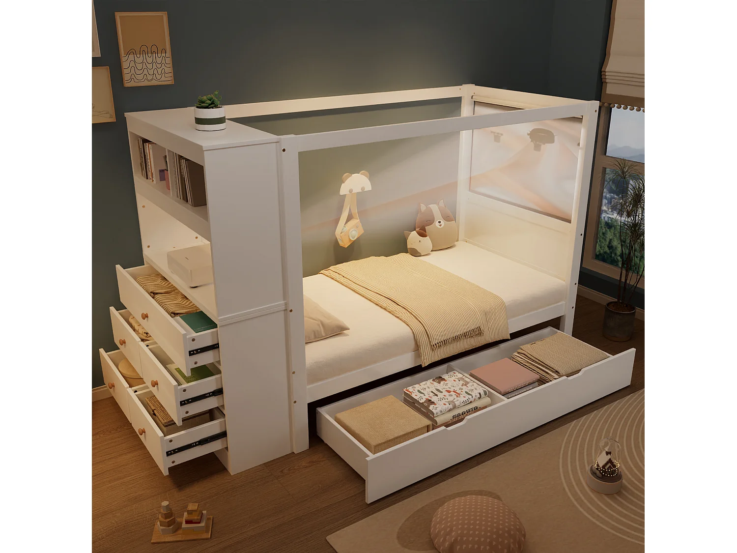 Cama infantil con protección lateral, con almacenaje y 5 cajones, en madera, blanco + natural, 90x200cm (240x94x155,5 cm)