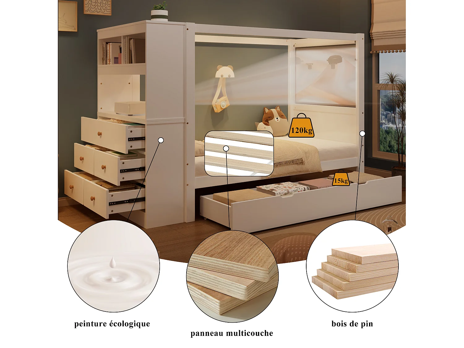 Cama infantil con protección lateral, con almacenaje y 5 cajones, en madera, blanco + natural, 90x200cm (240x94x155,5 cm)