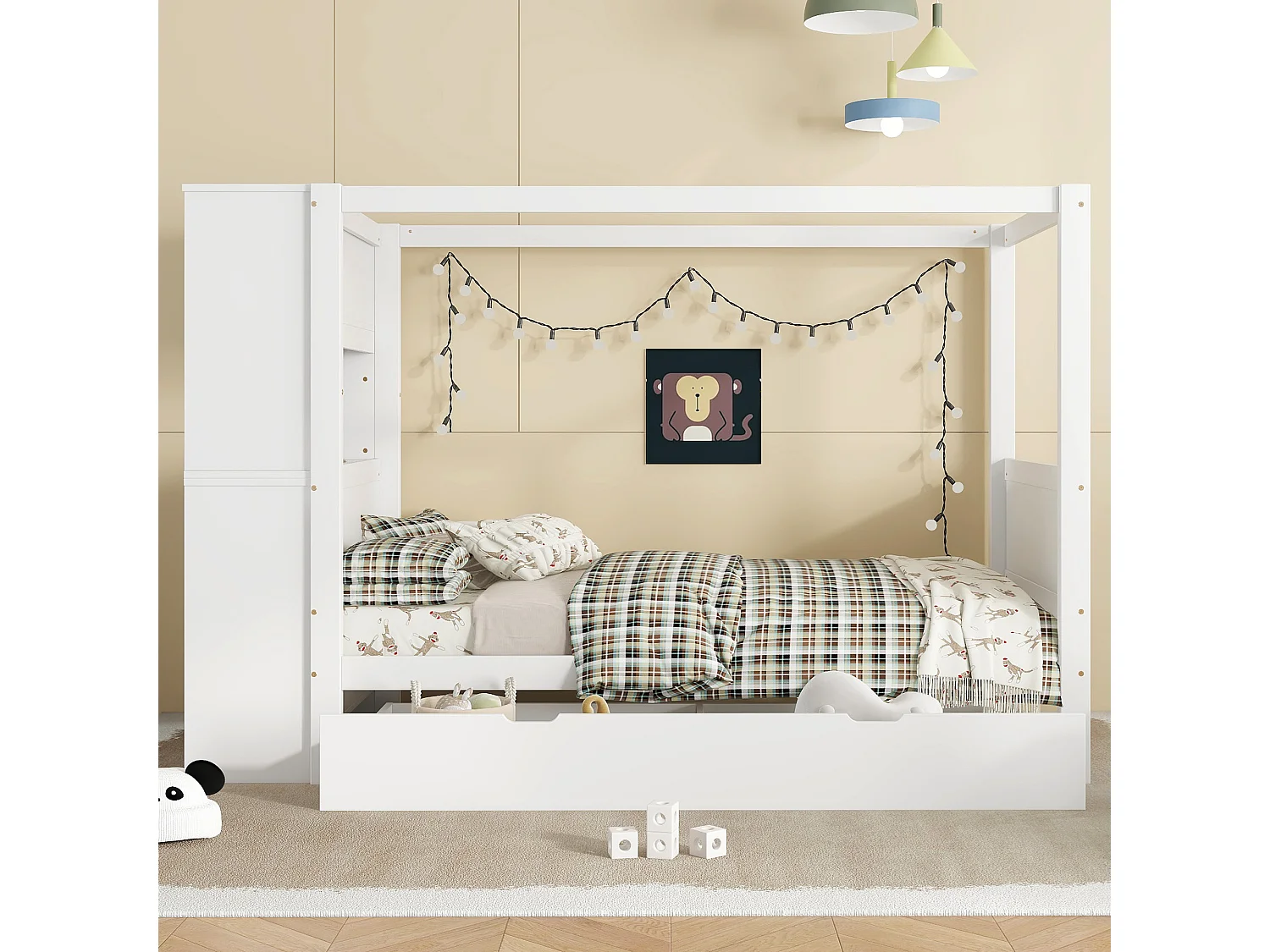 Cama infantil con protección lateral, con almacenaje y 5 cajones, en madera, blanco + natural, 90x200cm (240x94x155,5 cm)