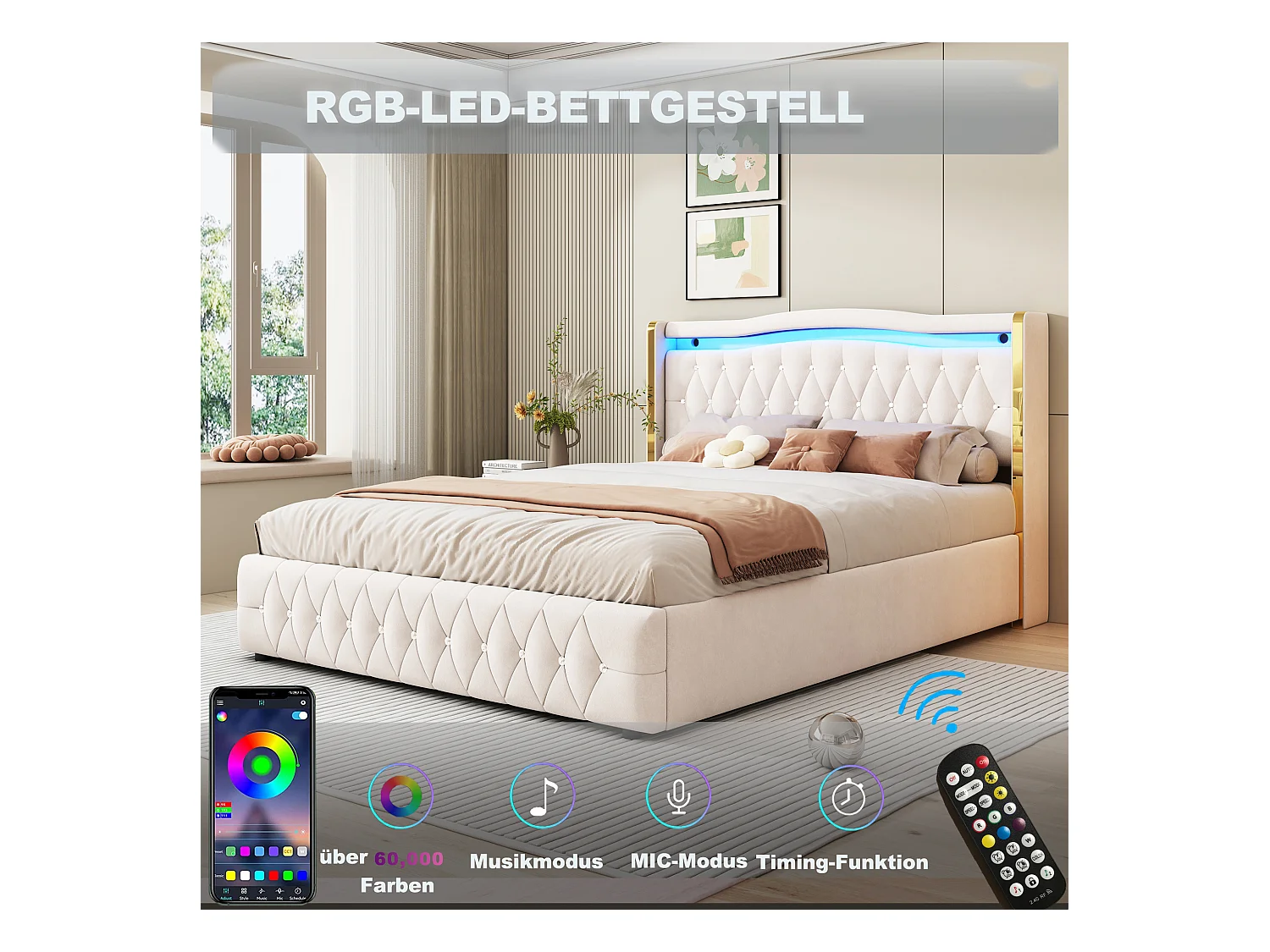 Lit 160x200 cm, LED avec rangement, hydraulique, tissu velours beige (213 x 168 x 109 cm)