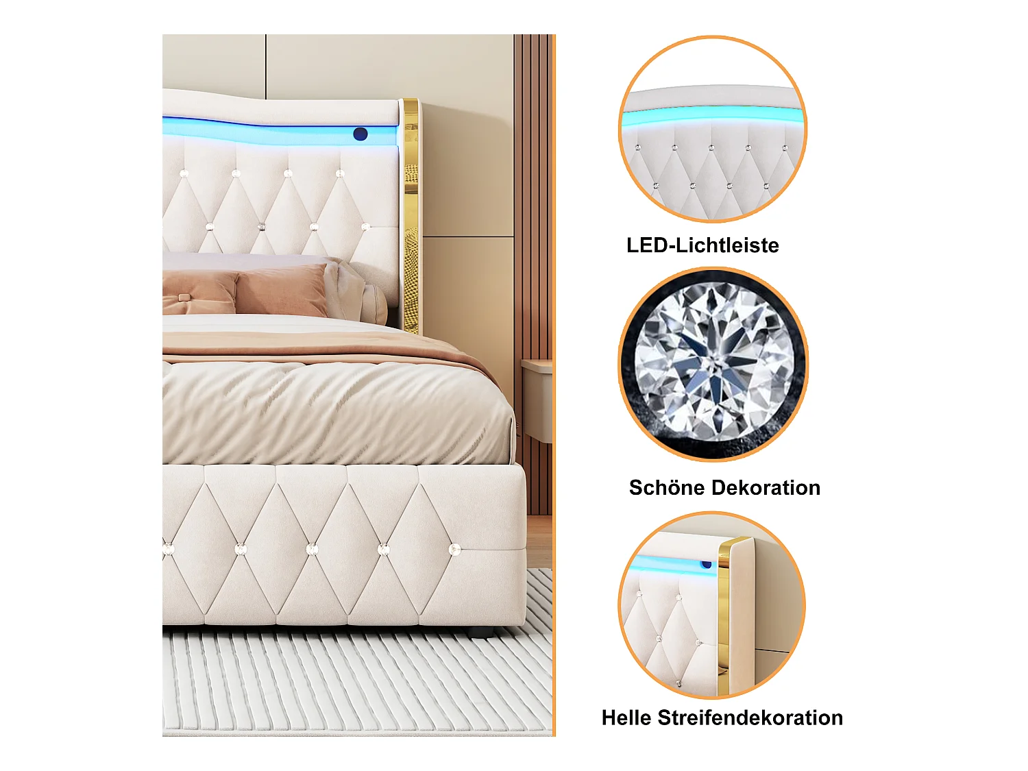 Lit 160x200 cm, LED avec rangement, hydraulique, tissu velours beige (213 x 168 x 109 cm)