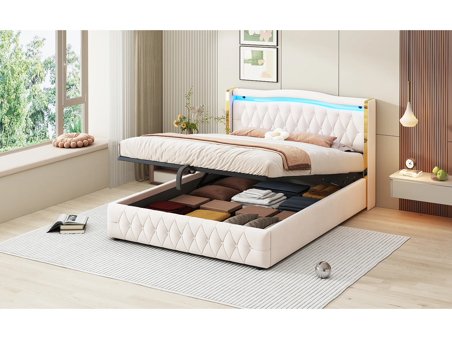 Lit 160x200 cm, LED avec rangement, hydraulique, tissu velours beige (213 x 168 x 109 cm)