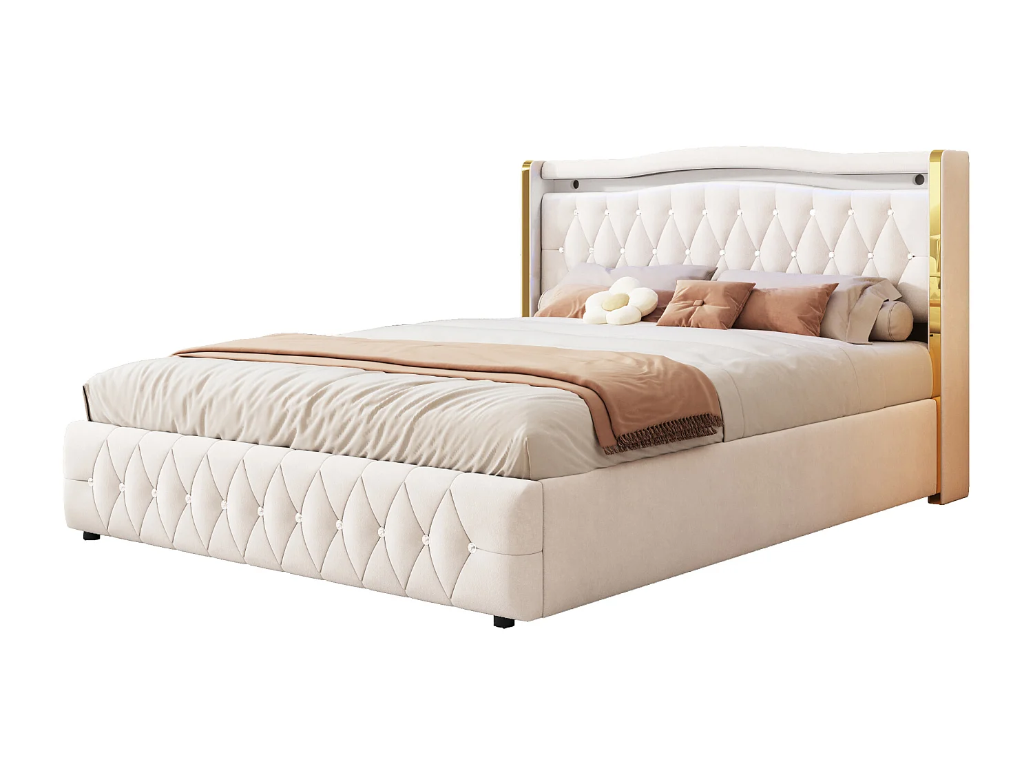 Lit 160x200 cm, LED avec rangement, hydraulique, tissu velours beige (213 x 168 x 109 cm)