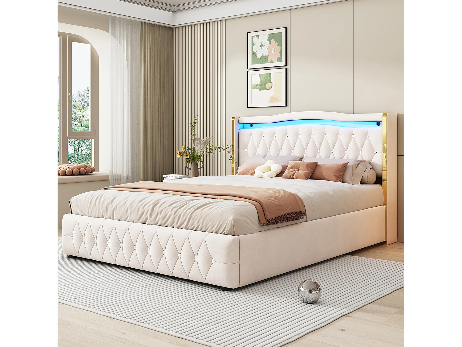 Bed 160x200 cm, LED met opbergruimte, hydraulisch, beige fluwelen stof (213 x 168 x 109 cm)