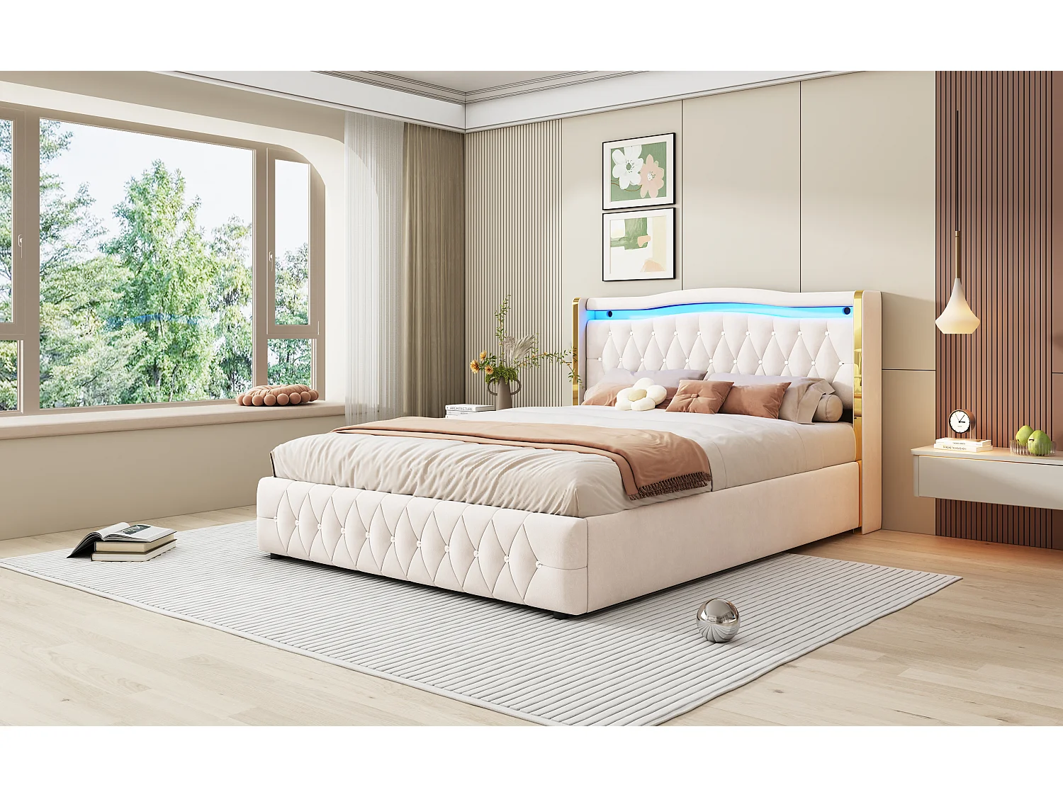 Bed 160x200 cm, LED met opbergruimte, hydraulisch, beige fluwelen stof (213 x 168 x 109 cm)
