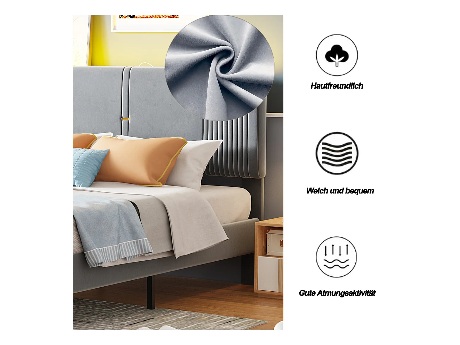 Lit double avec LED, port USB et tiroir spacieux, velours, gris (200x145x109cm)