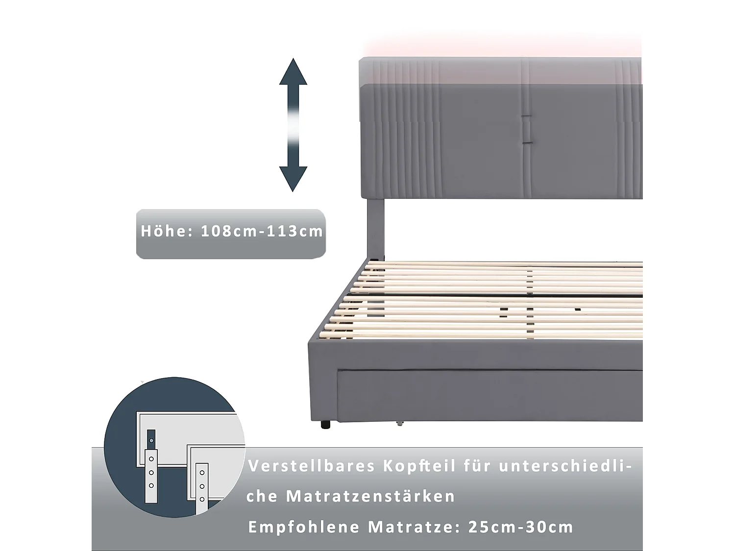 Lit double avec LED, port USB et tiroir spacieux, velours, gris (200x145x109cm)
