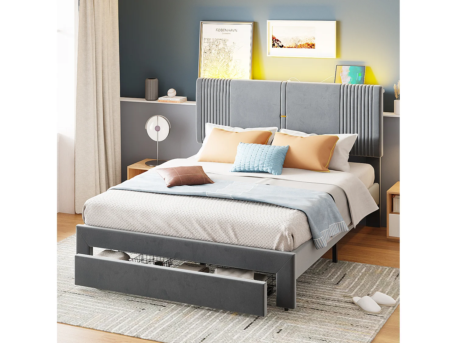 Letto matrimoniale con LED, porta USB e ampio cassetto, velluto, grigio (200x145x109cm)