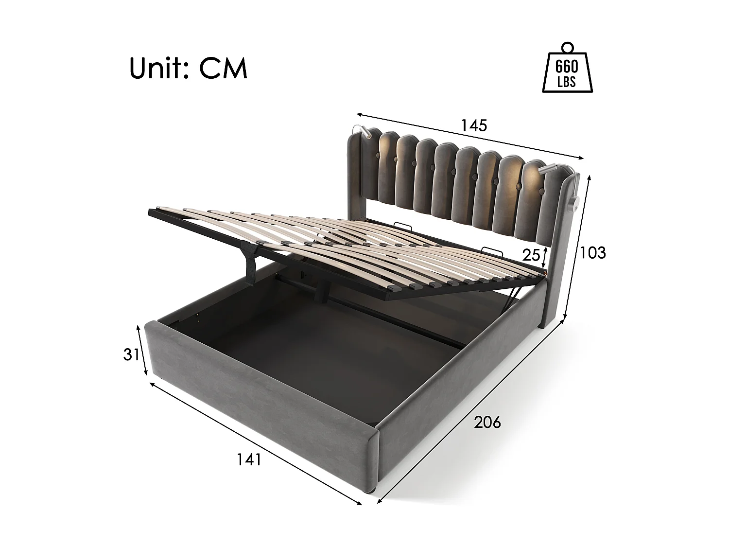 Lit double avec liseuse et fonction chargeur USB, cadre avec rangement en velours gris (145x206x103cm)