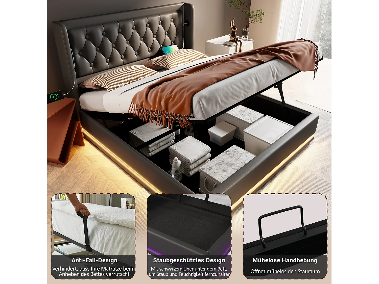 Letto matrimoniale con LED a 3 lati, sistema idraulico e contenitore, testiera con USB-C, PU nero, 140x200 cm