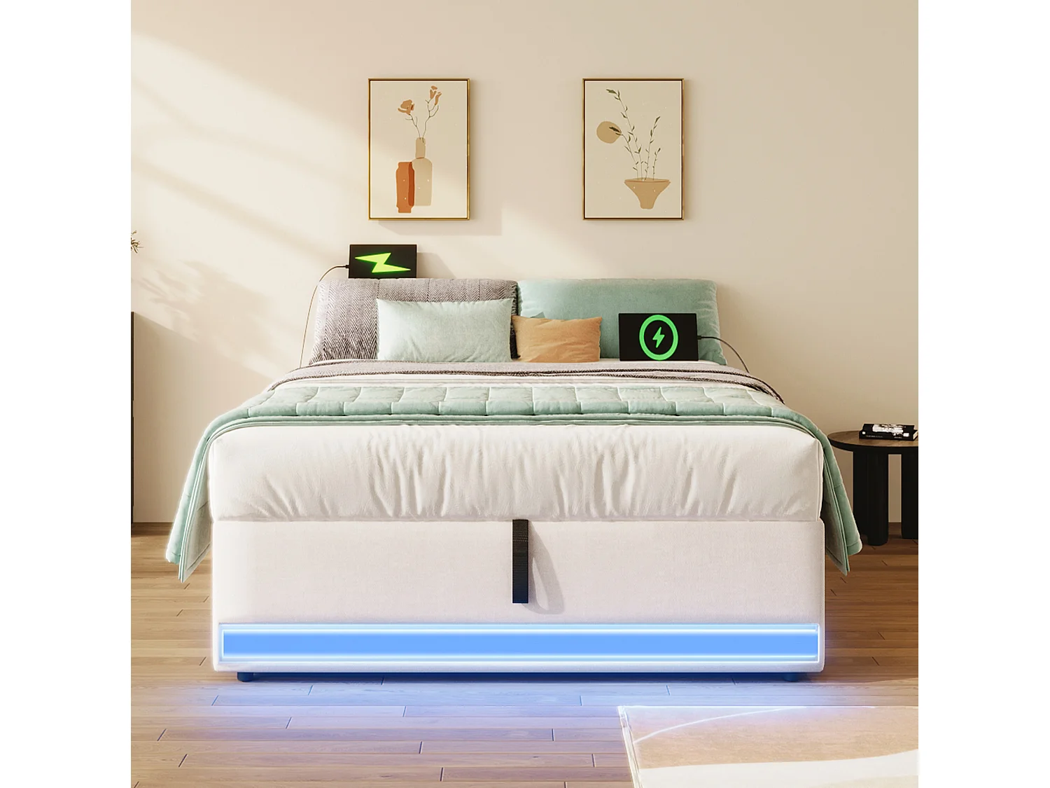 Lit tapissier 90 x 200 cm, avec LED télécommandée, USB et Type-C, petites poches de rangement, sans tête de lit, fonction de stockage hydraulique (203x91.5x32 cm)