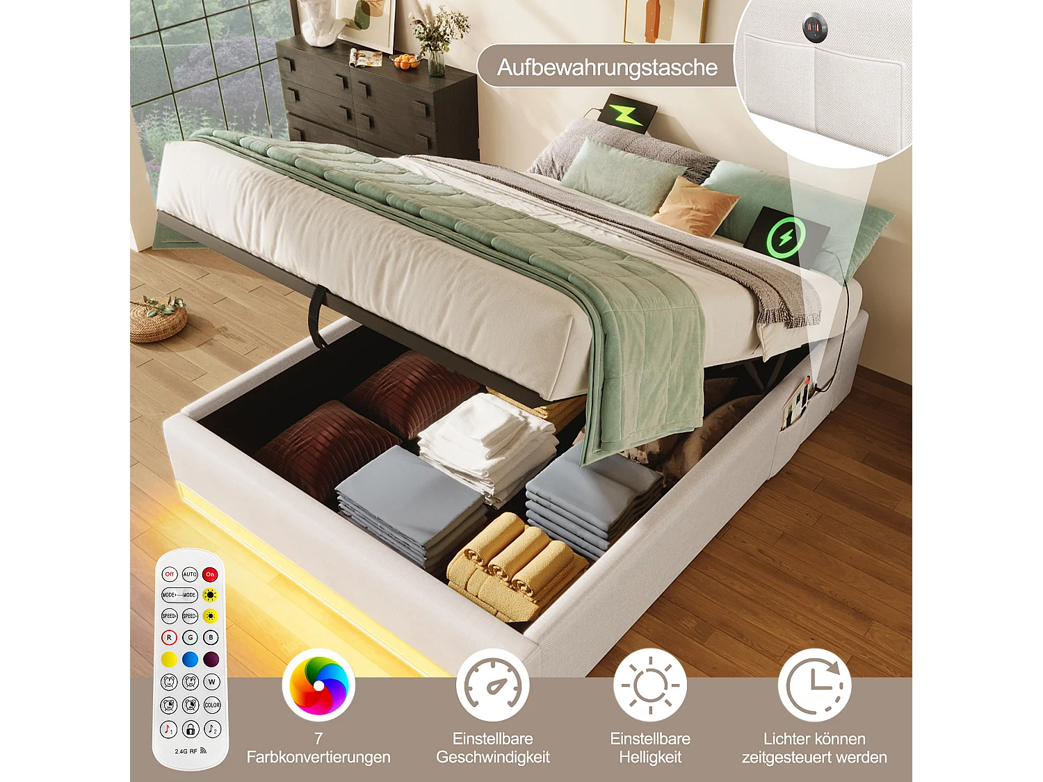 Lit tapissier 90 x 200 cm, avec LED télécommandée, USB et Type-C, petites poches de rangement, sans tête de lit, fonction de stockage hydraulique (203x91.5x32 cm)