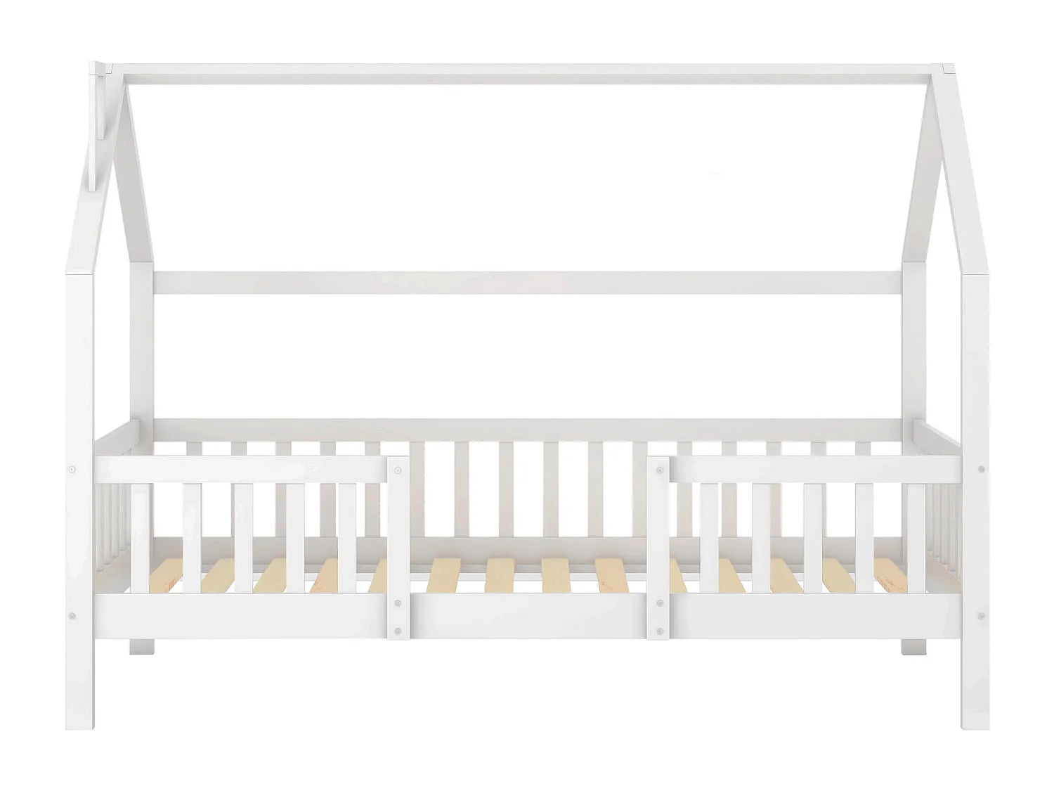 Letto per bambini a forma di casa, con tetto e barre di sicurezza, in legno di pino, bianco (200x90 cm)