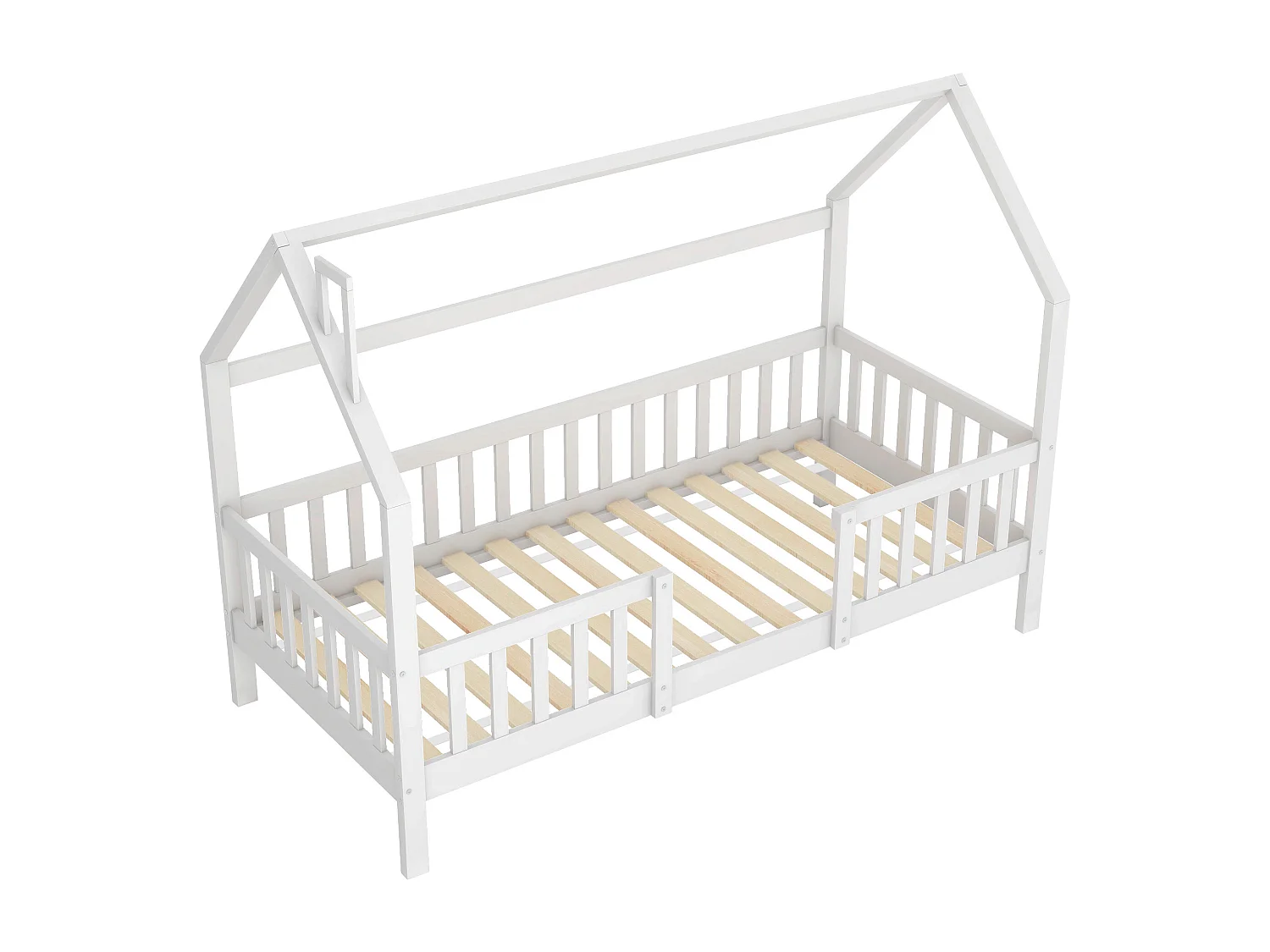 Letto per bambini a forma di casa, con tetto e barre di sicurezza, in legno di pino, bianco (200x90 cm)