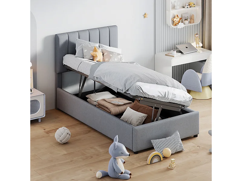 Lit coffre hydraulique enfant, tissu lin gris, rembourrage doux, multifonctionnel (203x90x105cm)