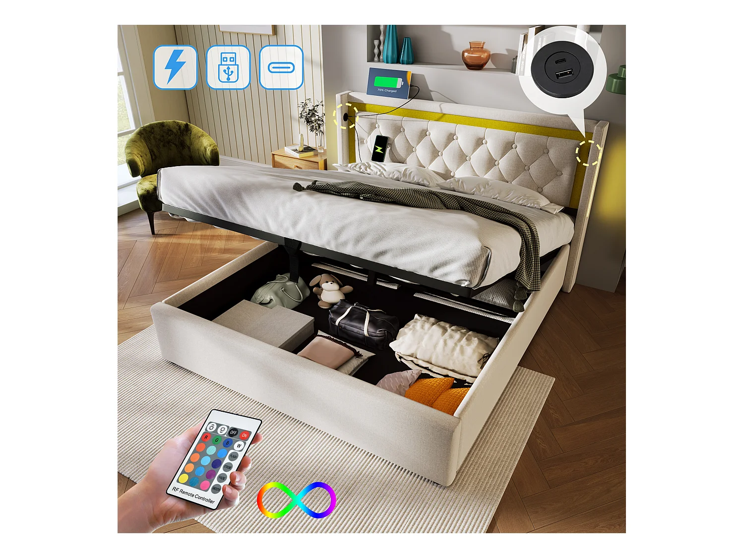 Cama con función de carga USB Tipo-C, LED y 2 cajones, estructura de algodón beige, 160x200 cm (Dimensiones: 208x170x104 cm)