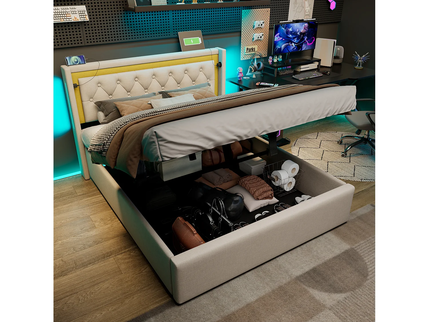 Cama con función de carga USB Tipo-C, LED y 2 cajones, estructura de algodón beige, 160x200 cm (Dimensiones: 208x170x104 cm)