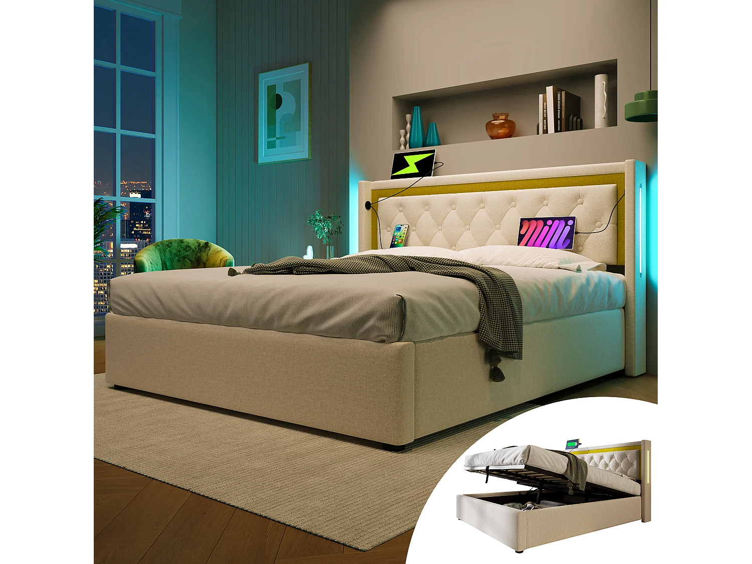 Lit avec fonction de charge USB Type-C, LED, et 2 tiroirs, cadre en coton beige, 160x200 cm (Dimensions : 208x170x104 cm)