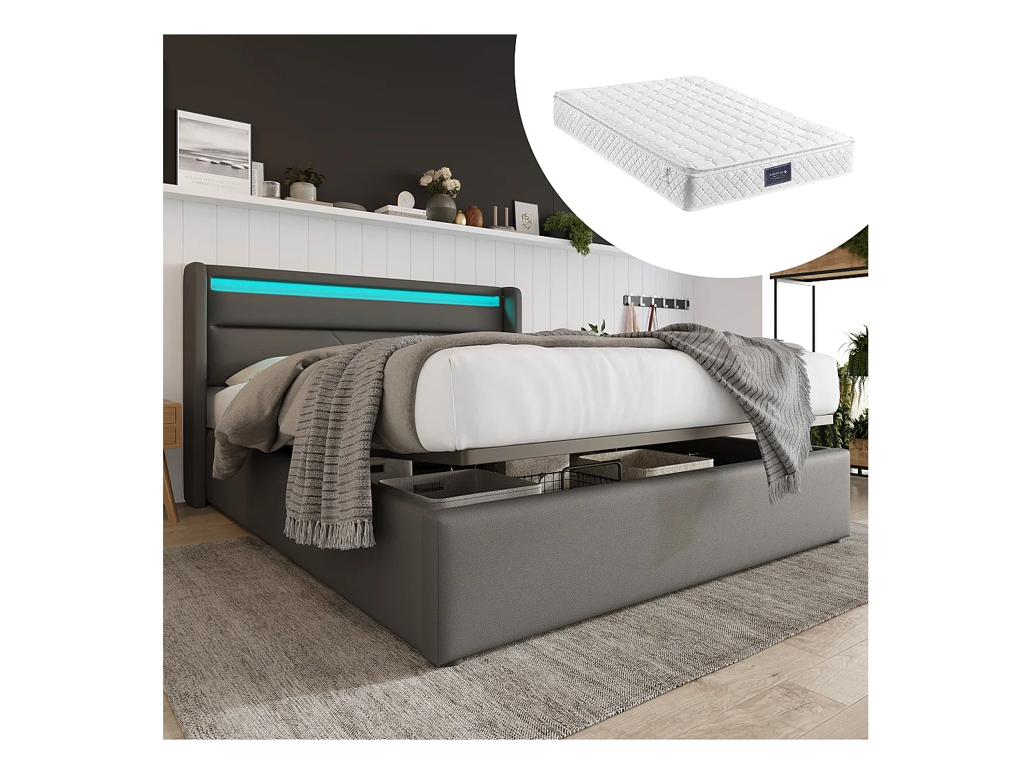 Tweepersoonsbed met hydraulische opbergruimte en LED, grijs PU-frame, modern (140x200x107,5cm)