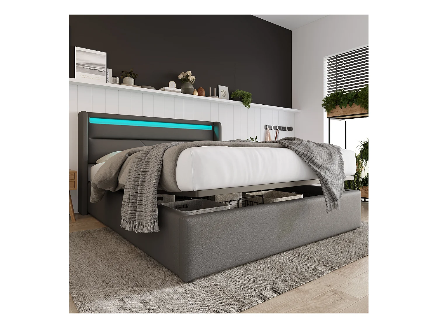 Tweepersoonsbed met hydraulische opbergruimte en LED, grijs PU-frame, modern (140x200x107,5cm)