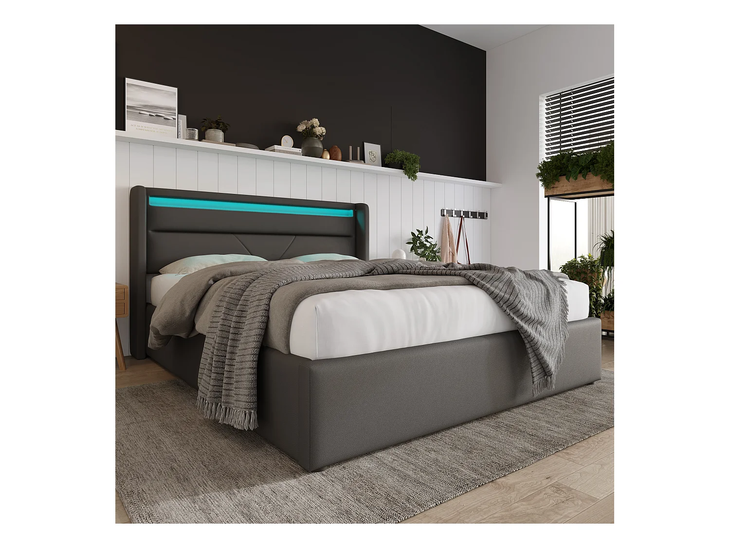 Tweepersoonsbed met hydraulische opbergruimte en LED, grijs PU-frame, modern (140x200x107,5cm)