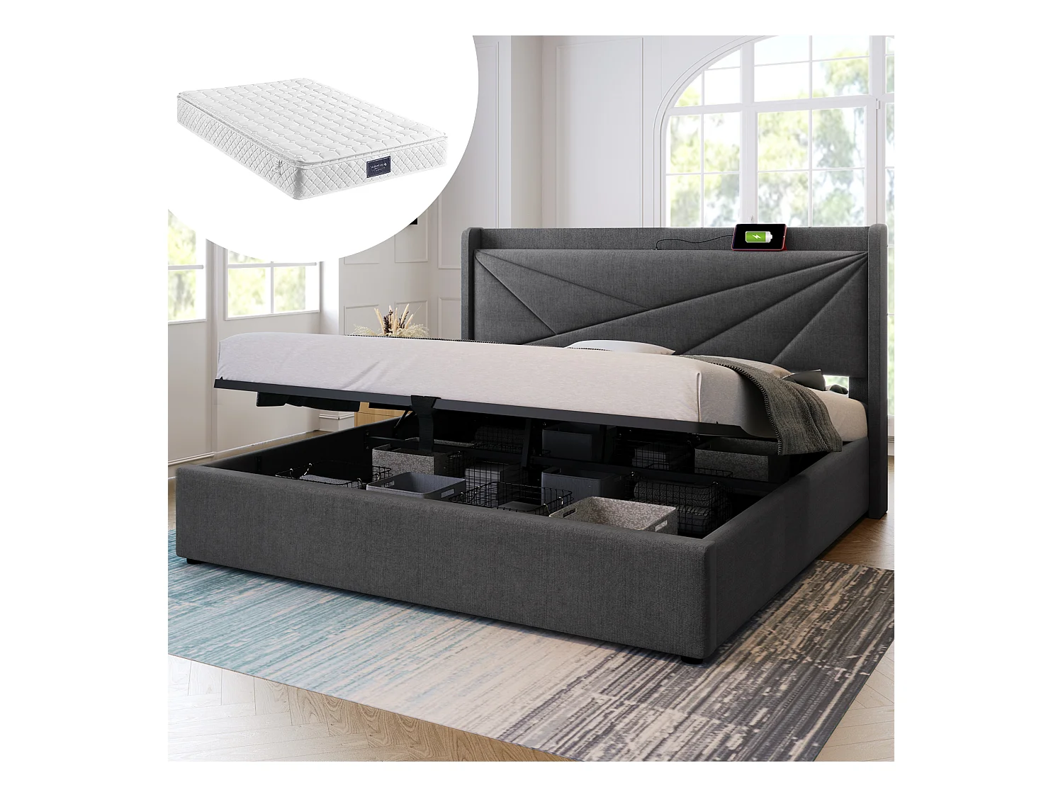 Lit double avec coffre de rangement, tête de lit à charge USB Type-C, lin gris (166x208x107 cm)