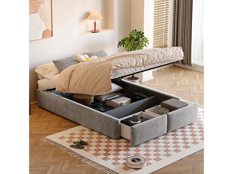 Letto a piattaforma 140x200 cm senza testiera, con contenitore idraulico e 2 cassetti, tessuto, grigio (203x141x32 cm)