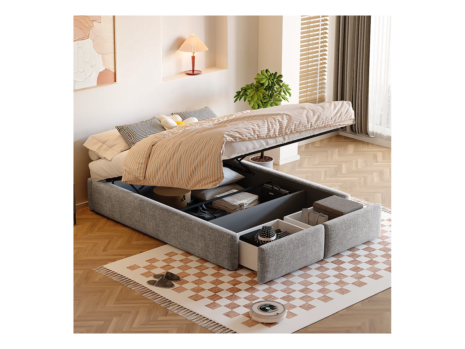 Lit plateforme 140x200 cm sans tête de lit, avec rangement hydraulique et 2 tiroirs, tissu, gris (203x141x32 cm)