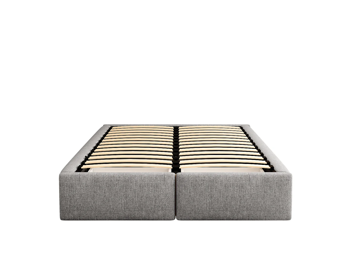 Lit plateforme 140x200 cm sans tête de lit, avec rangement hydraulique et 2 tiroirs, tissu, gris (203x141x32 cm)