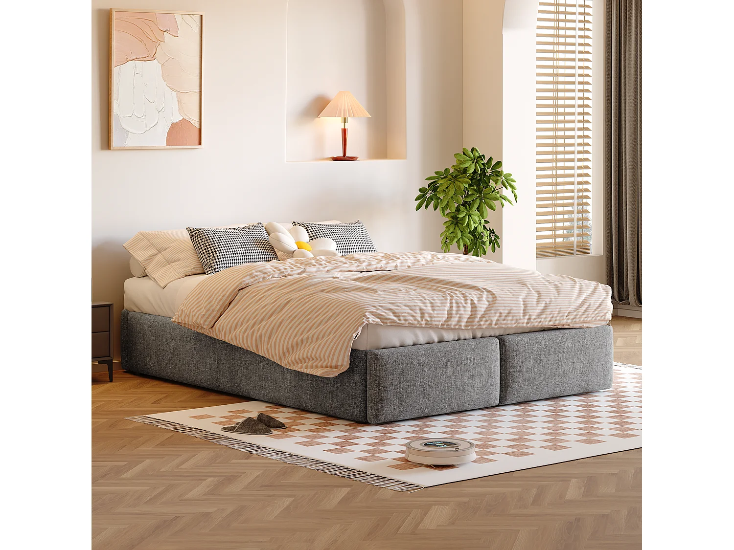 Letto a piattaforma 140x200 cm senza testiera, con contenitore idraulico e 2 cassetti, tessuto, grigio (203x141x32 cm)